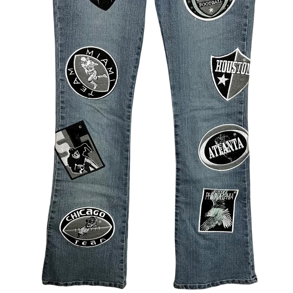 Vintage Le More 90's Bootcut Jeans Patchwork NFL Team Logos ‎ Denim Size 28x31